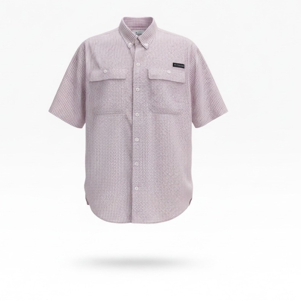 Columbia PFG Super Tamiami Shirt Mens Medium Red Blue Plaid Short Sleeve Fishing